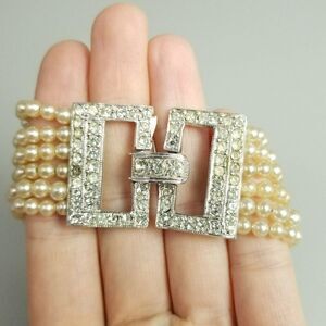 Vintage Six Strand Faux Pearl and Rhinestone Clasp Bracelet, Retro Fancy Formal